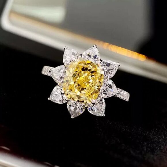 NEW 925 Sterling Silver Diamond Sunflower Ring Flower Citrine Ring - Picture 3 of 6